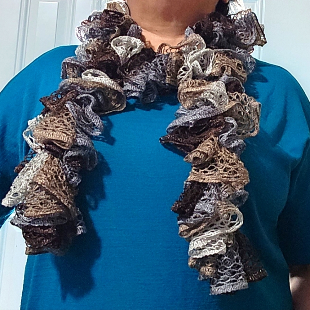 Handmade loose knit ruffled brown and grey scarf